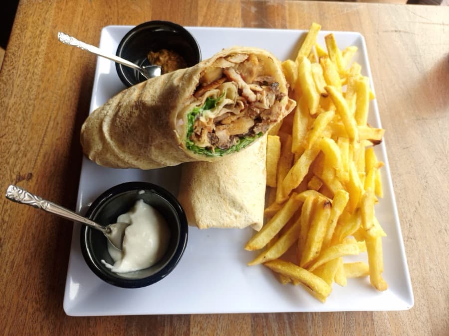 Shawarma wrap cut in half